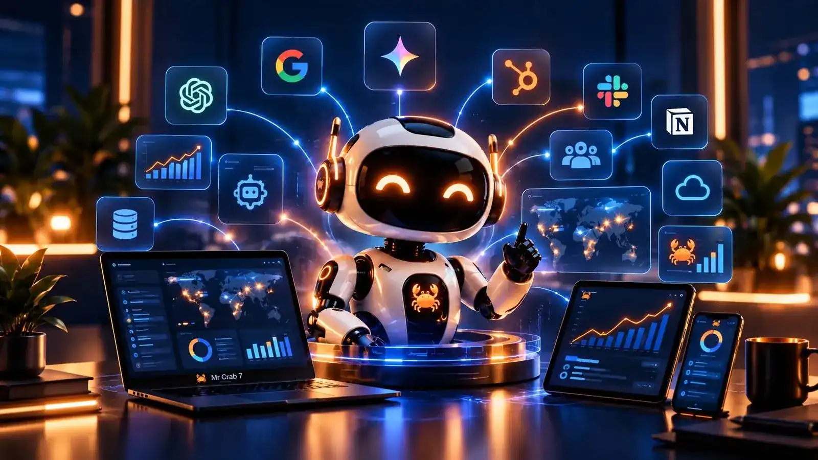 Asistente de IA de Mr Crab 7 conectado a ChatGPT, Google, Gemini, HubSpot, Slack y Notion