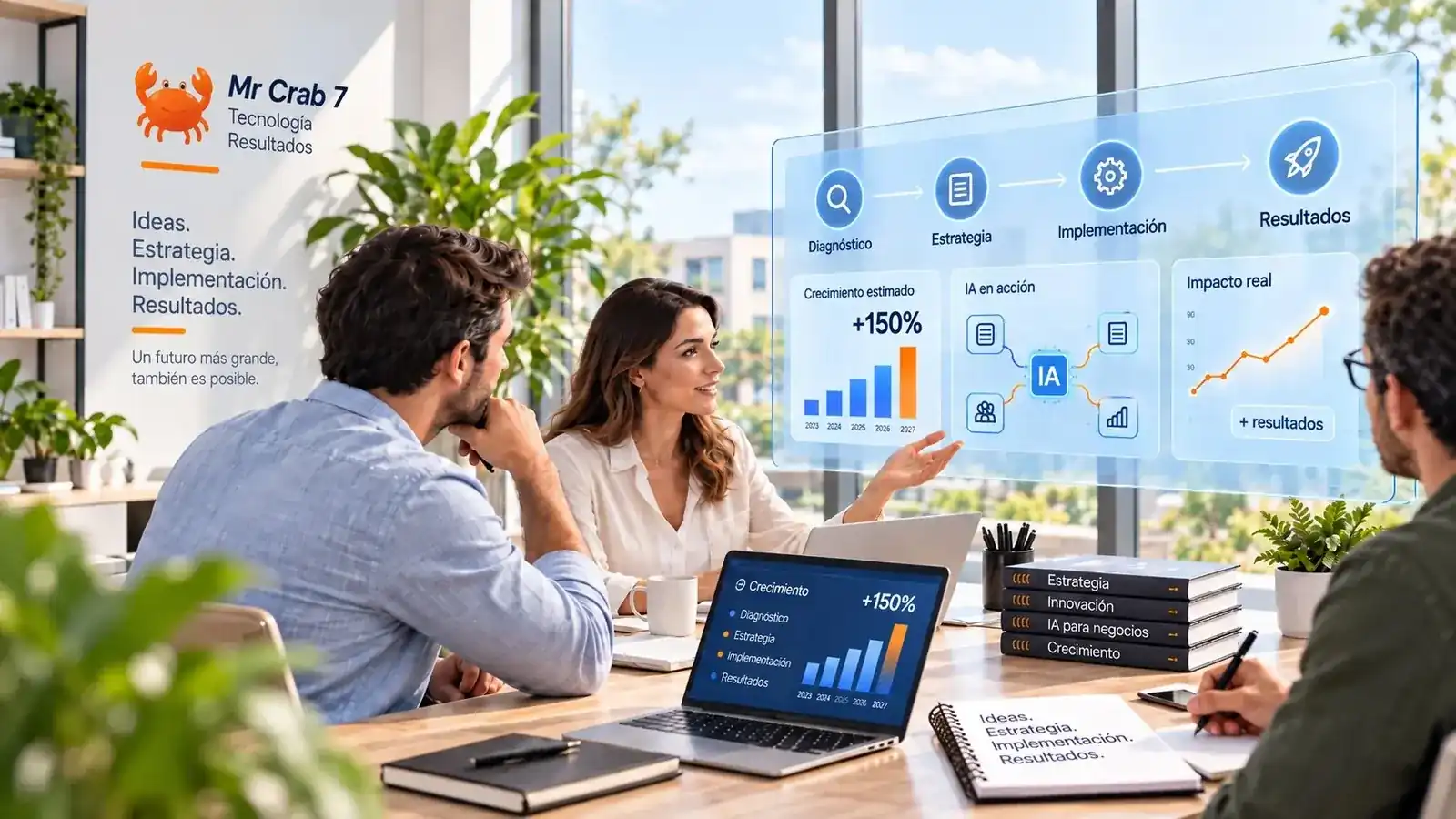 Equipo de Mr Crab 7 en reunión: diagnóstico, estrategia, implementación y resultados con IA